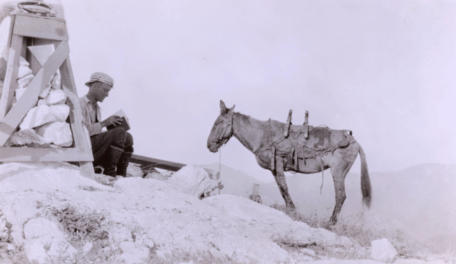 Lieutenant William Tucker and a pack mule at Station Pico Blanco