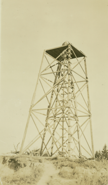 A wooden triangulation tower within a tower
