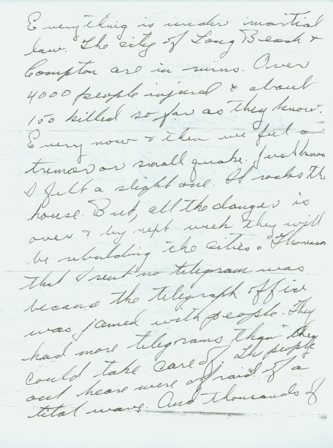 Page 1 of Floyd Risvold's letter home describing the Long Beach earthquakedestruction that he witnessed on March 11, 1933
