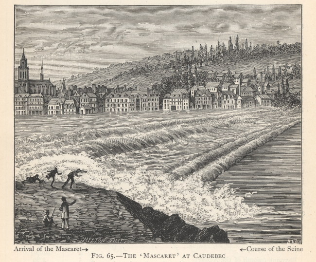 Woodcut of tidal bore on the Seine River at Caudebec