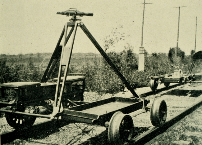 Center mounted level instrument on velocipede with rodman velocipede and stowedlevel rods to the right
