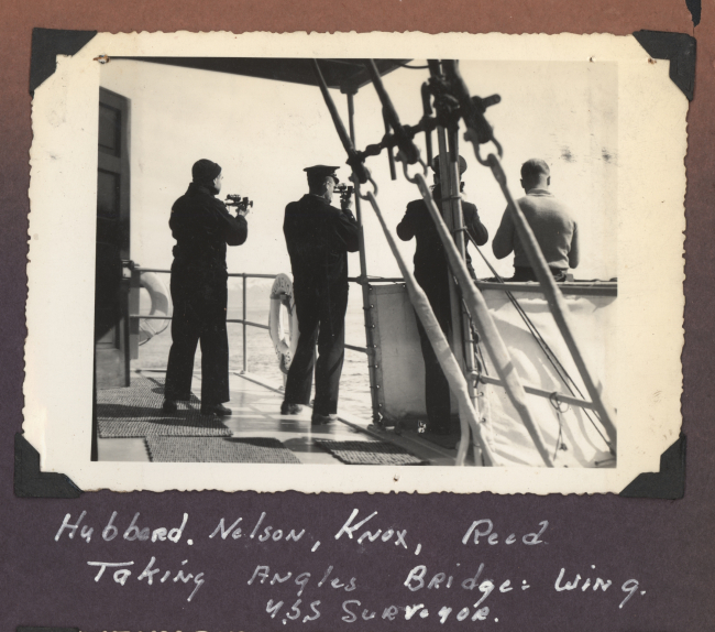 Ship's officers, Hubbard, Nelson, Knox and Reed taking horizontal sextant angles on starboard bridge wing of USC&GSS; SURVEYOR