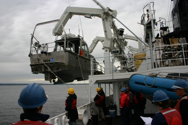 Launching a NOAA Ship RAINIER survey launch
