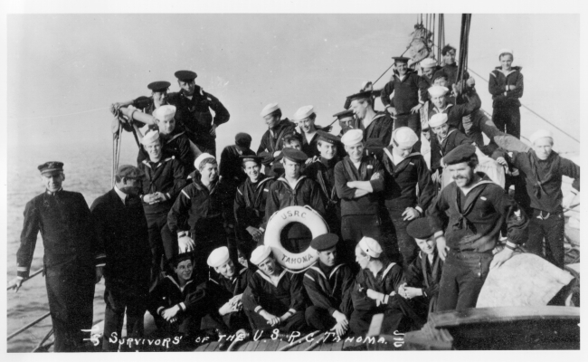 Survivors of the shipwreck of the US Revenue Cutter TAHOMA on the bow of theUSC&GS; Ship PATTERSON being transported from Aleutian Islands