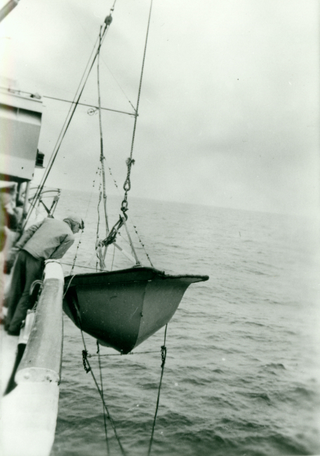 Roberts Radio Current Meter being deployed off bow of USC&GS;EXPLORER