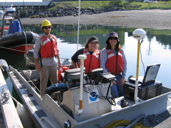 Small work boat outfitted with Trimble GPS GPS receiver used in shorelinemapping