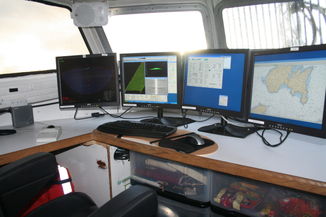 Survey displays in survey space of hydrographic survey launch