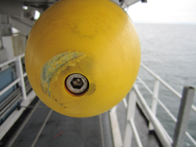 The forward end of a hull-mounted sidescan sonar unit that has struck anobstruction