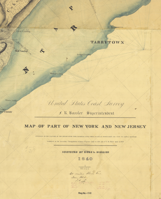 Topographic shoreline manuscript showing section of Hudson River includingWashington Irving's home below Tarrytown