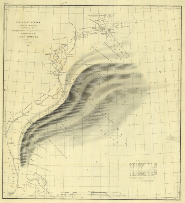 Survey Map Gulf Stream No 1 showing the positions and comparison of observations of temperature in the Gulf Stream in 1845, '6, '7, '8, '53, & '54