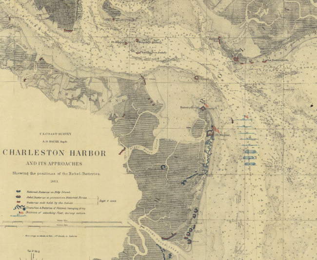 Portion of different version of Charleston Harbor and its approaches showinglocation of ironclads during attack on Fort Wagner