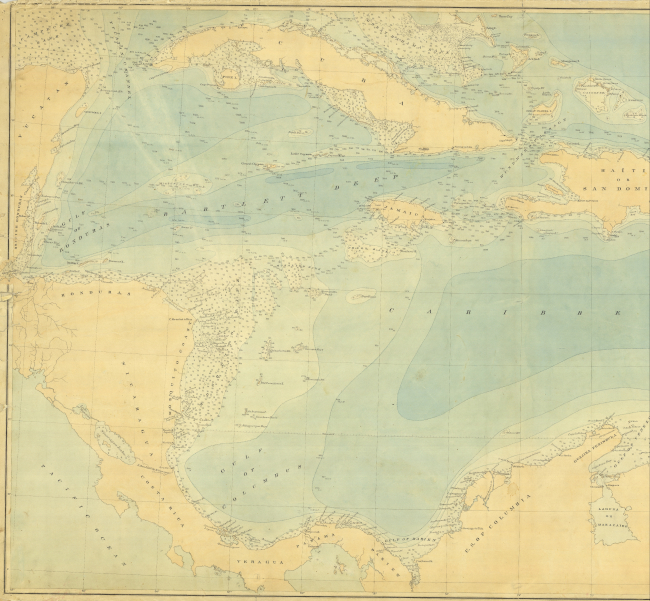 Western half of hand-colored bathymetric map of the Caribbean Sea based onsoundings of the C&GS; Steamer BLAKE under the command of Commander John R