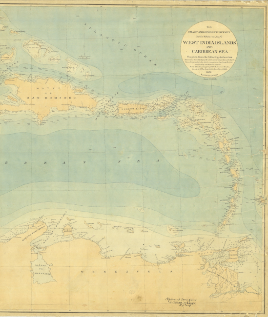 Eastern half of hand-colored bathymetric map of the Caribbean Sea based onsoundings of the C&GS; Steamer BLAKE under the command of Commander John R