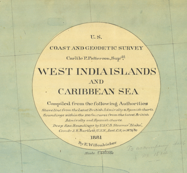 Title block to bathymetric map of the West India Islands and Caribbean Sea byE