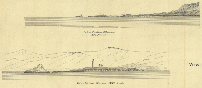 Coastal views of Point Piedras Blancas to the NW 3 miles and to the NNE 1/3 mile