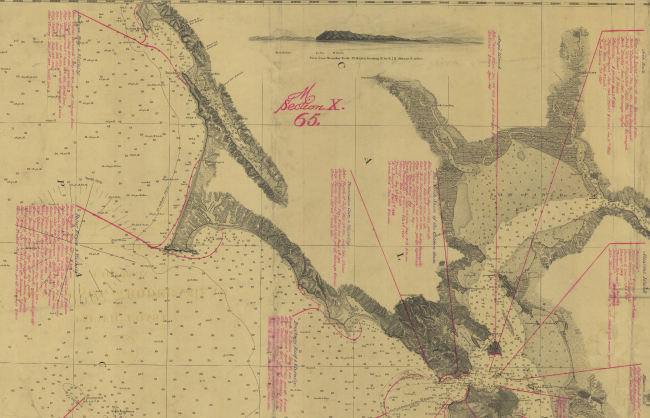 Chart annotated with shipwreck information for vicinity of San Francisco Bay