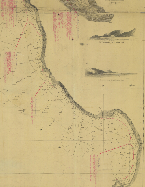Chart annotated with shipwreck information for area south of  San Francisco Bayto Monterey Bay