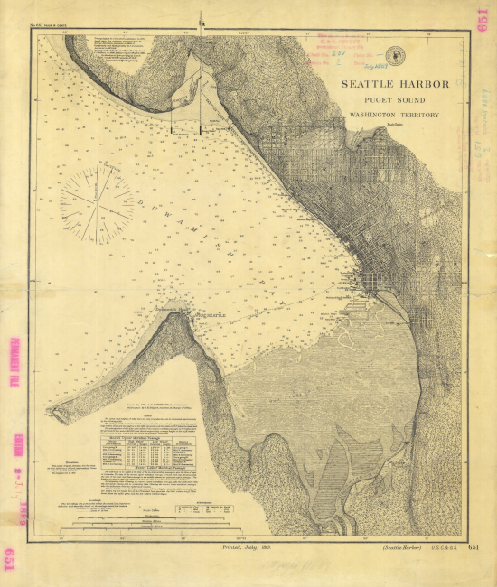 Nautical chart of Seattle Harbor showing growth of Seattle to Lake Union withthe annotation on Lake Union,  11