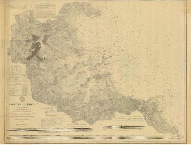 Nautical chart of Boston Harbor, edition of 1869 reissued in in May 1889