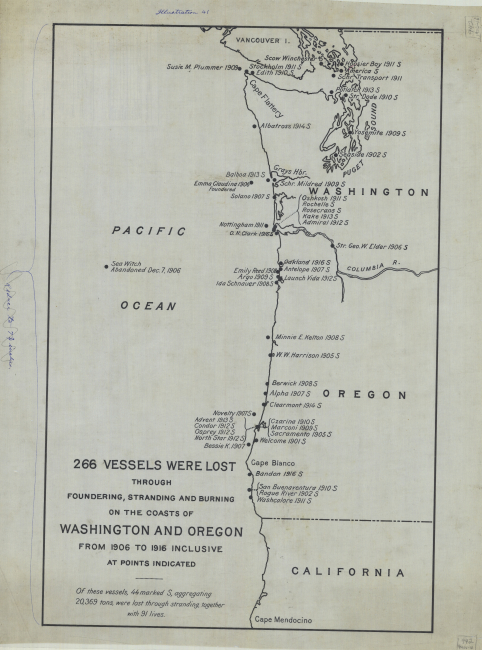 Vessels lost through stranding along the Oregon and Washington Coast from 1906to 1916