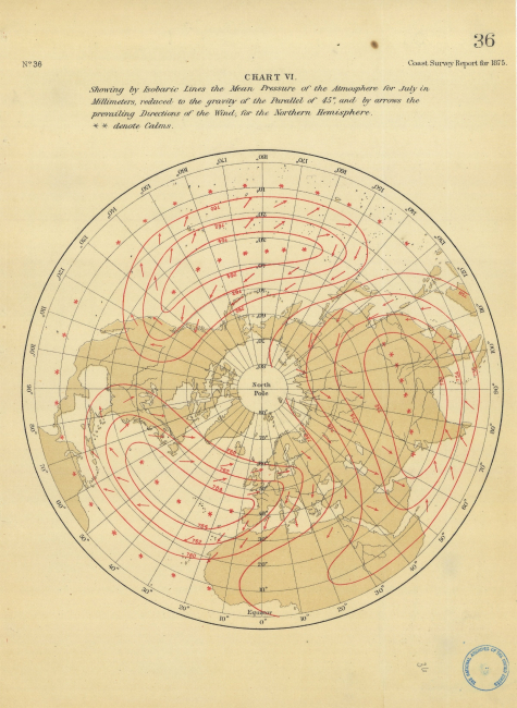 Map showing by isobaric lines the mean annual pressure of the atmosphere forJuly in millimeters by William Ferrel