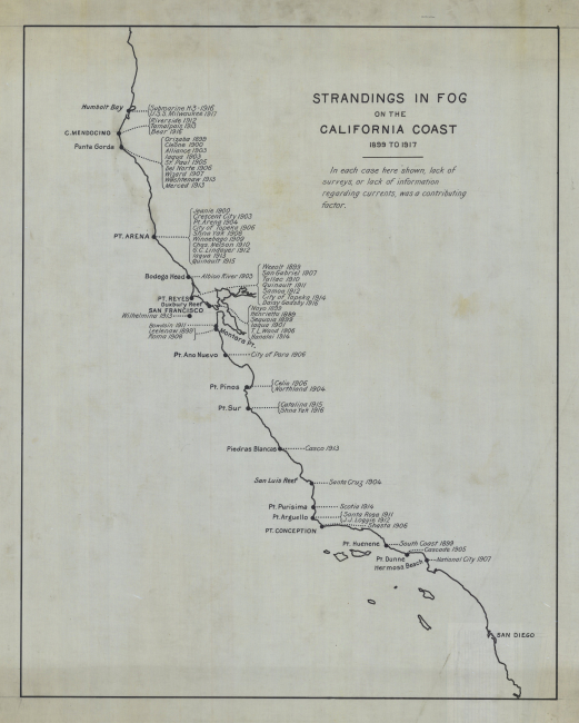 Map showing ship strandings in fog between 1899 and 1917 by Coast andGeodetic Survey