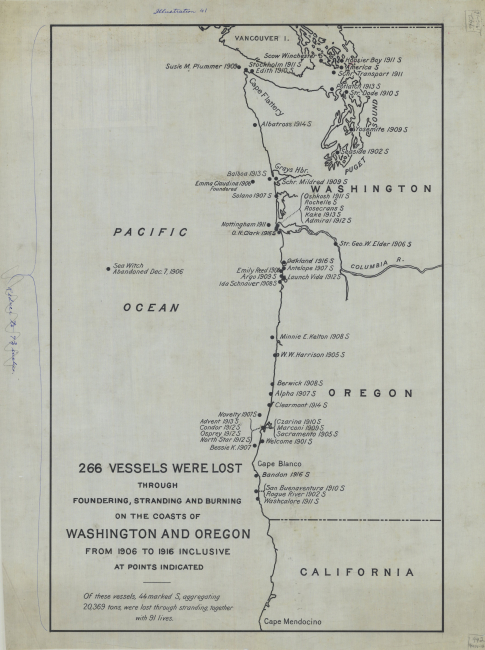 Map showing some of the 266 vessels lost on the coasts of Washington and Oregonby foundering, stranding, and burning between 1906 and 1916