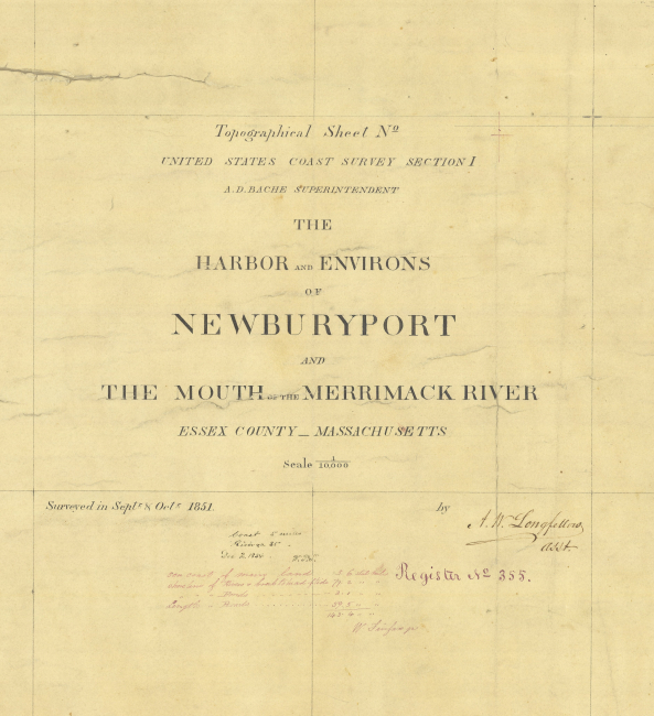 Title block of survey T-355, The Harbor and Environs of Newburyport and themouth of the Merrimcack River by Alexander Wadsworth Longfellow