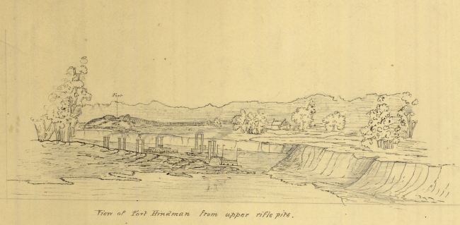 View of Fort Hindman from upper rifle pits as drawn by Clarence Fendall, U