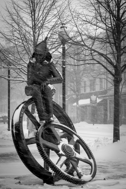 Sad tinman during a snow storm