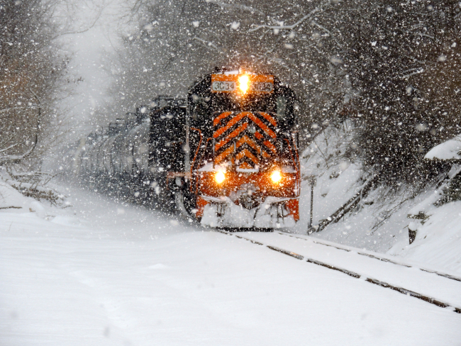 Train in the snow with tank cars full of gas from hydraulically fracturedMarcellus Shale
