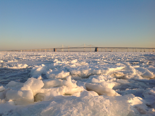 Thick ice on Chesapeake Bay from Sandy Point overlooking ChesapeakeBay Bridge