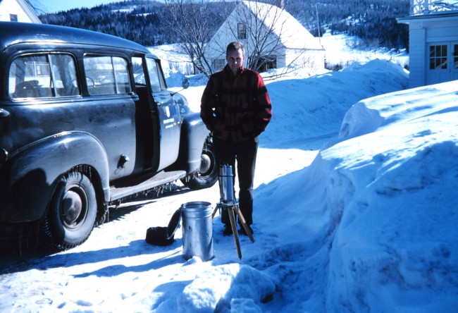 Harley Nygren with gravity meter -  Even when in the Lower 48 he was sent tocold places