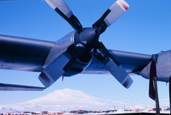 Mount Erebus framed under the plane's wing at Williams Field