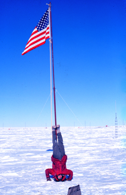 Fred Walton proving that it's optional whether to walk upside-down or right-sideup at the South Pole