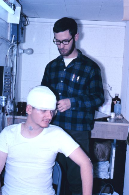 Fred Walton getting wired up for sleep/brainwave experiments