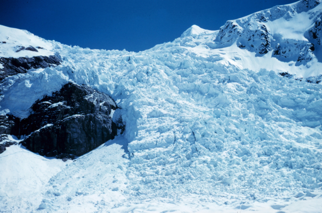A closeup of a jumbled mass of ice on a mountainside