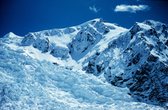 A closeup of a jumbled mass of ice on a mountainside
