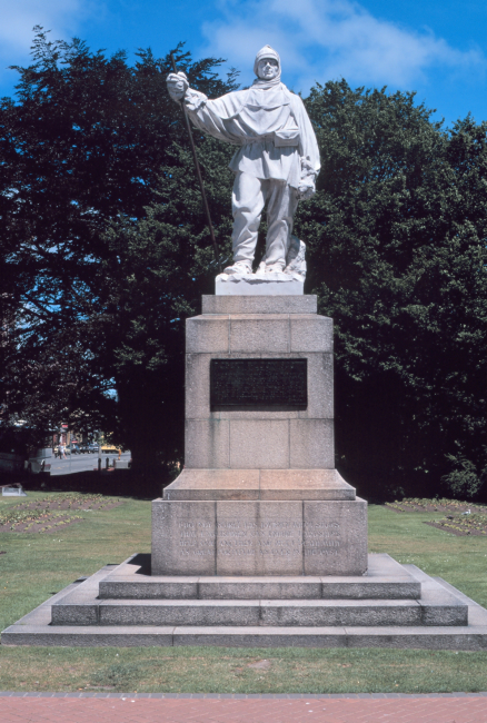 Statue of Antarctic explorer Robert Falcon Scott along the Avon River in Christchurch, New Zealand