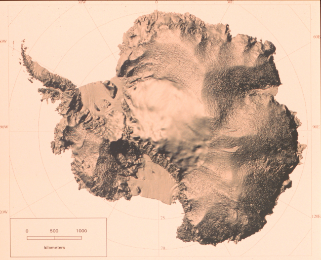 Shaded relief map of Antarctica developed from RADARSAT Synthetic Aperture Radardata