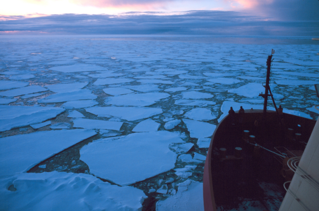 Sunset over sea ice at the marginal ice zone as NATHANIEL B