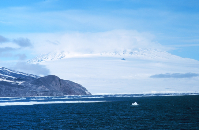 Mount Erebus shrouded in clouds from McMurdo Sound