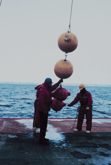 Mooring deployment from the fantail of the National Science Foundation,Research Ice Breaker, NATHANIEL B