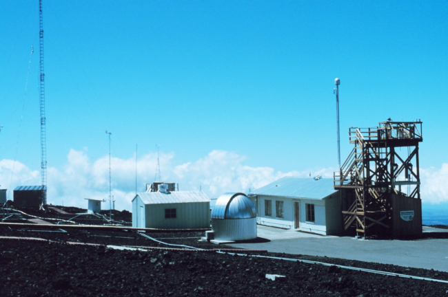 The Mauna Loa Observatory with view of the dome housing Dobson ozone spectrophotometer and air intake tower for atmospheric constituent measurements