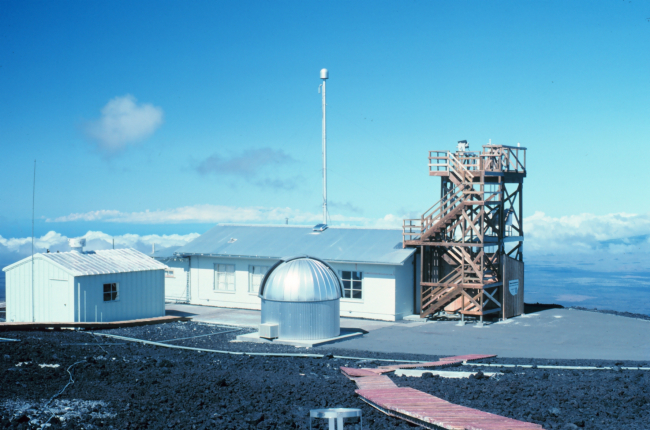 The Mauna Loa Observatory with view of the dome housing Dobson ozone spectrophotometer and air intake tower for atmospheric constituent measurements
