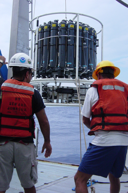 Deploying CTD and water sampler during Charleston Bump Expedition