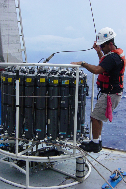 Deploying CTD and water sampler during Charleston Bump Expedition