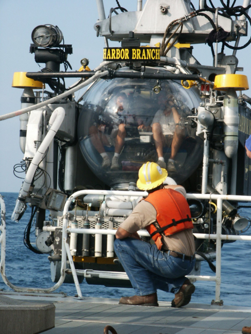Deck-hand on the R/V SEWARD JOHNSON crouching in front of the JohnsonSea-Link II submersible as it is launched from the ship