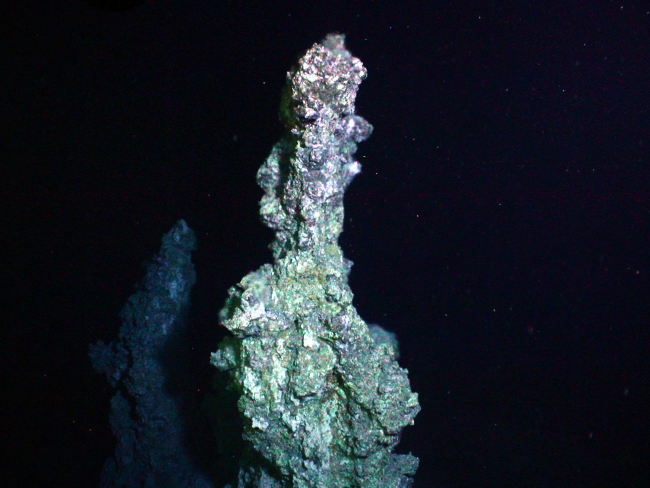 Hot water (221 C, 430  F) was sampled at the base of this sulfide chimneywhich is almost 6 meters high
