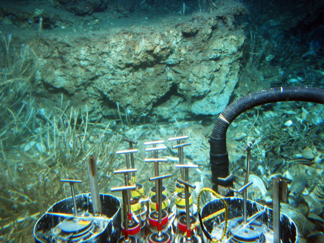The front of the ALVIN submersible up against a rocky outcrop with tubewormsand mussels scattered along the base